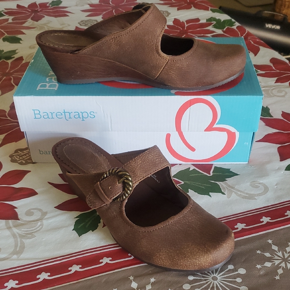 BareTraps Women's Tan Mules with Decorative Buckle